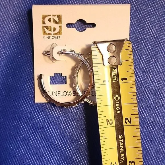 Silver Toned Studded Hoop Earrings With Faux Rhinestones - Picture 2 of 4